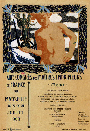 Menu du 7 juillet 1909 à l'occasion du congrès des imprimeurs