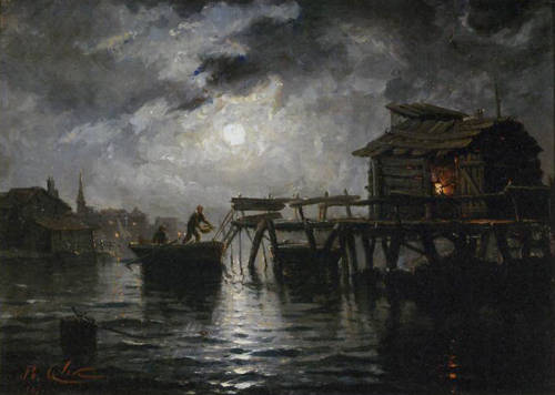 Accostage sur un ponton au clair de lune